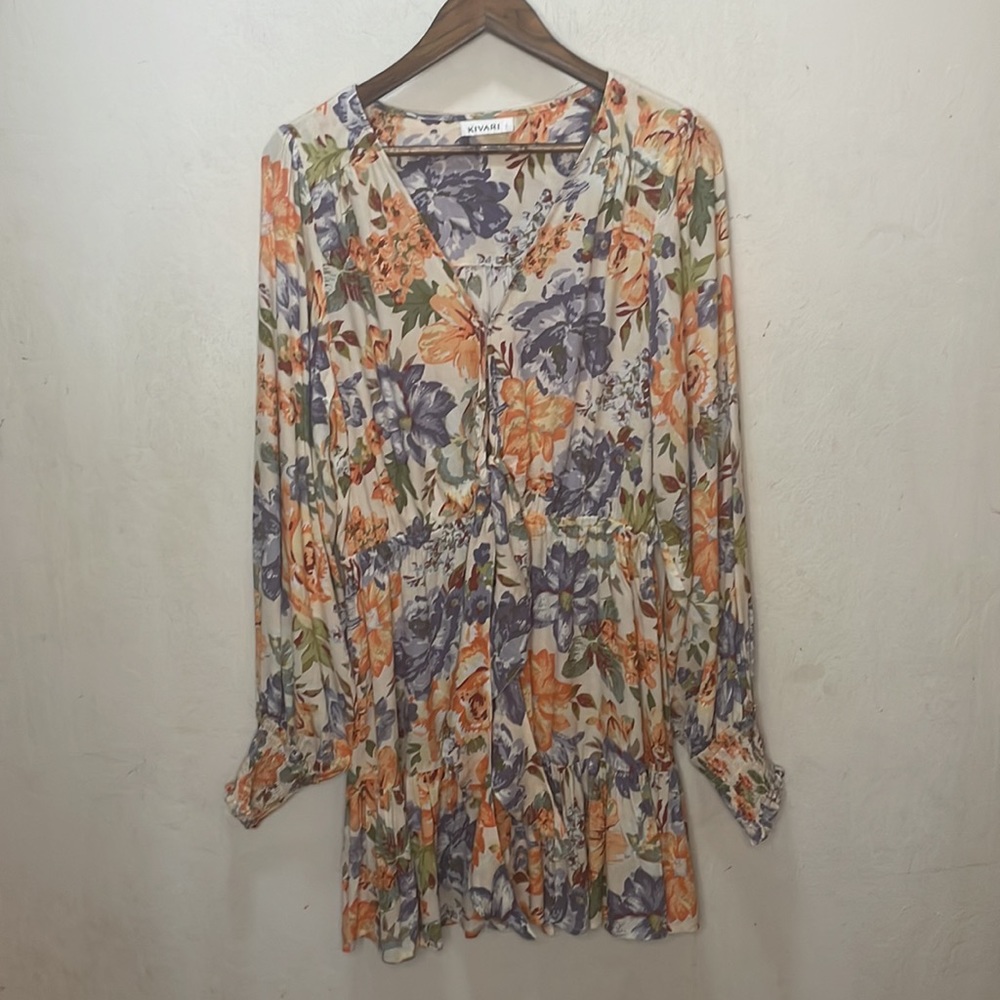 Kivari Cream Floral Mini Dress with Orange & Purple Blooms - Picture 5 of 11